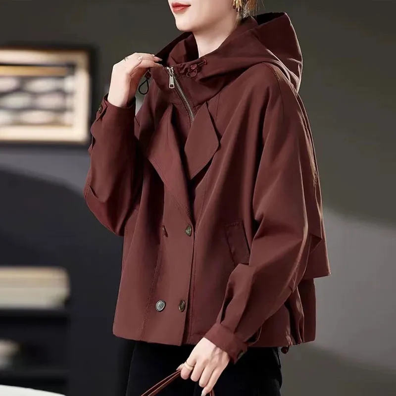 安可拉红双排扣风衣外套女春秋短款小个子2024新款大码早初秋上衣