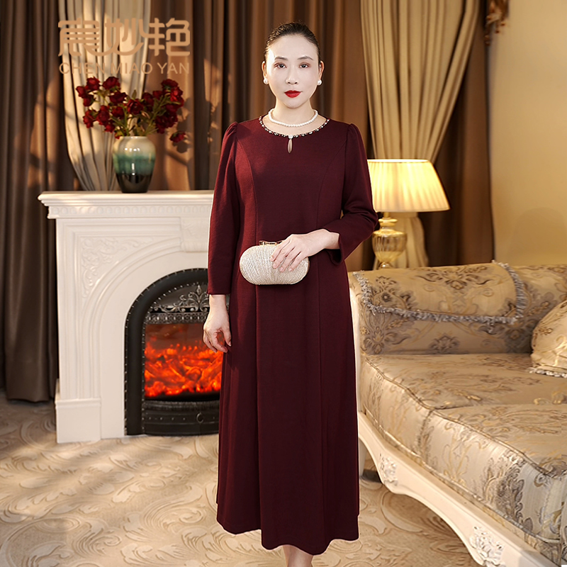 宸妙艳高档大码妈妈装连衣裙酒红色参加婚礼婚宴日常可穿气质礼服