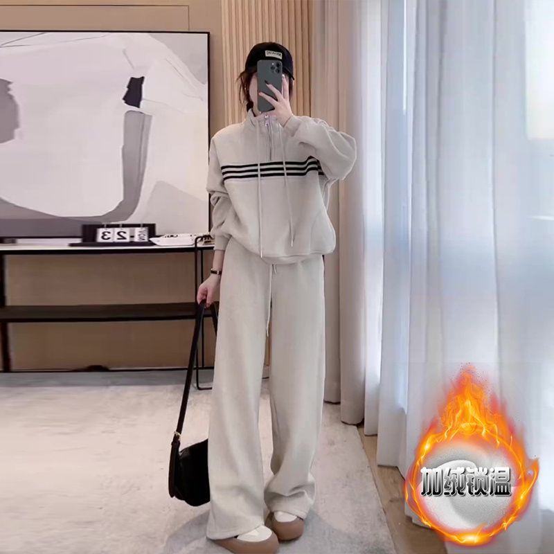 设计感杠条立领宽松加厚卫衣套装女春秋窄版阔腿休闲裤气质两件套