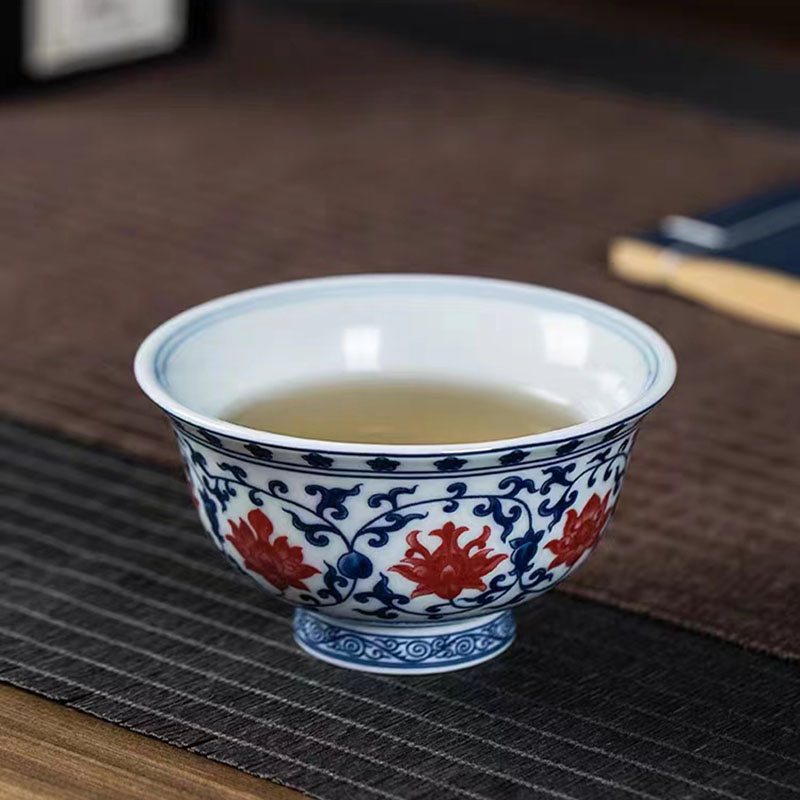 景德镇陶瓷茶具青花釉里红压手杯缠枝莲个人专用主人杯高端品茗杯