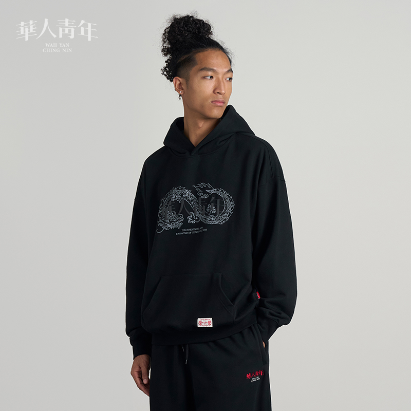 華人青年盘龙连帽卫衣发泡LOGO运动宽松印花时尚休闲