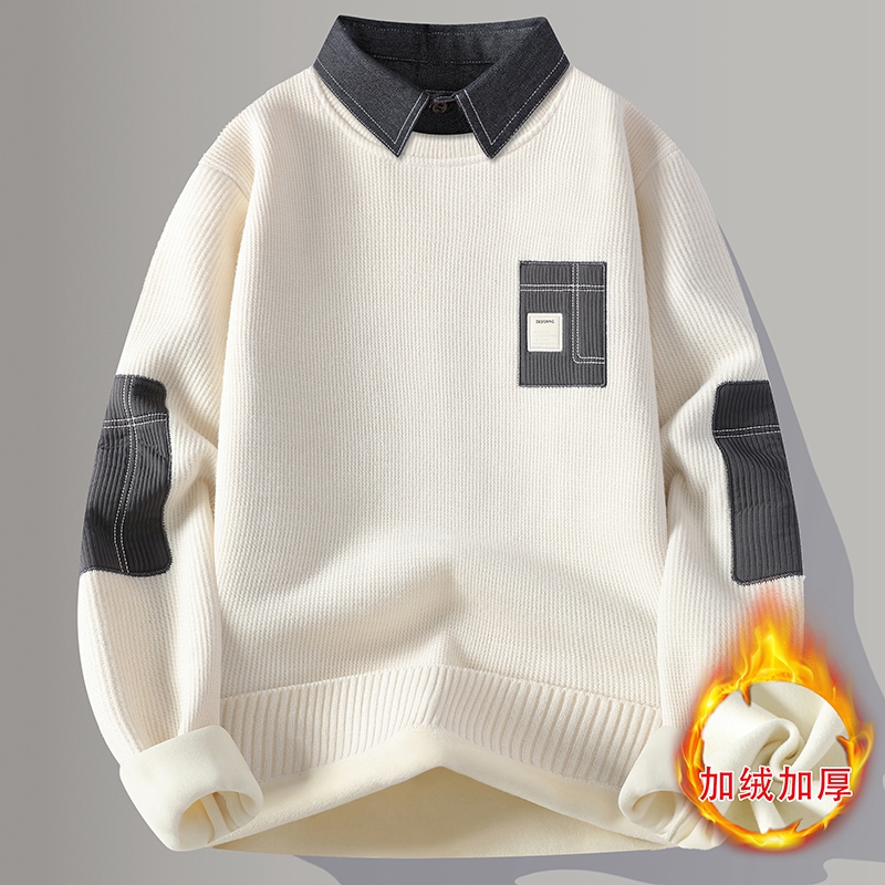 秋冬季新款衬衫领假两件毛衣男士上衣加绒加厚保暖内搭针织衫男潮