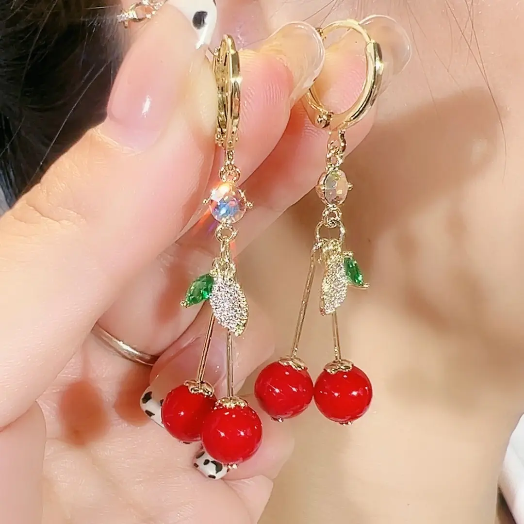 锌合金耳饰 302红色樱桃长款吊坠耳环女网红气质显白小众耳饰