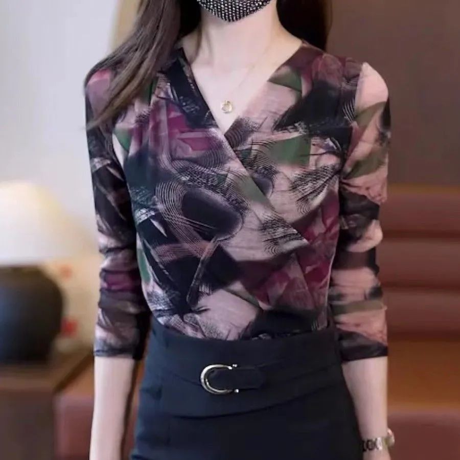 秋季百搭修身蕾丝网纱长袖打底衫显瘦气质遮肉减龄洋气弹力小衫