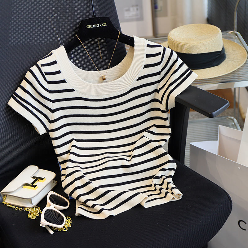 【80-200斤】法式黑白条纹冰丝短袖T恤女夏季大码时尚减龄上衣新款