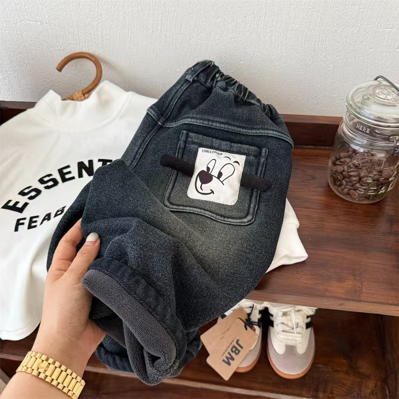 冬季新款2025秋冬中小童一体棉加厚学生牛仔裤宽松直筒裤儿童裤子