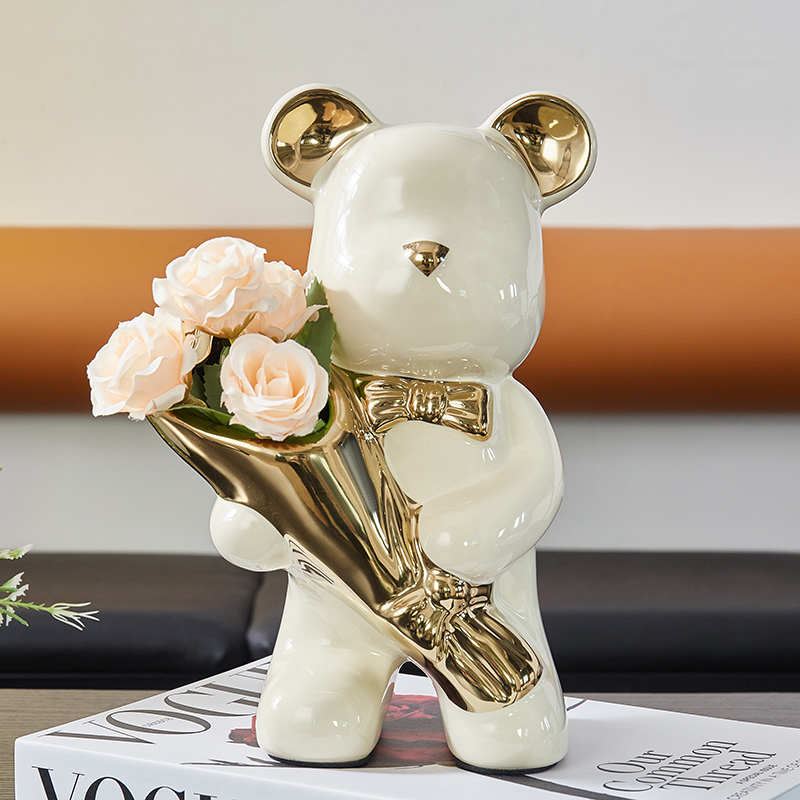 捧花熊摆件可爱风轻奢简约高档陶瓷玄关客厅酒柜电视柜装饰摆件