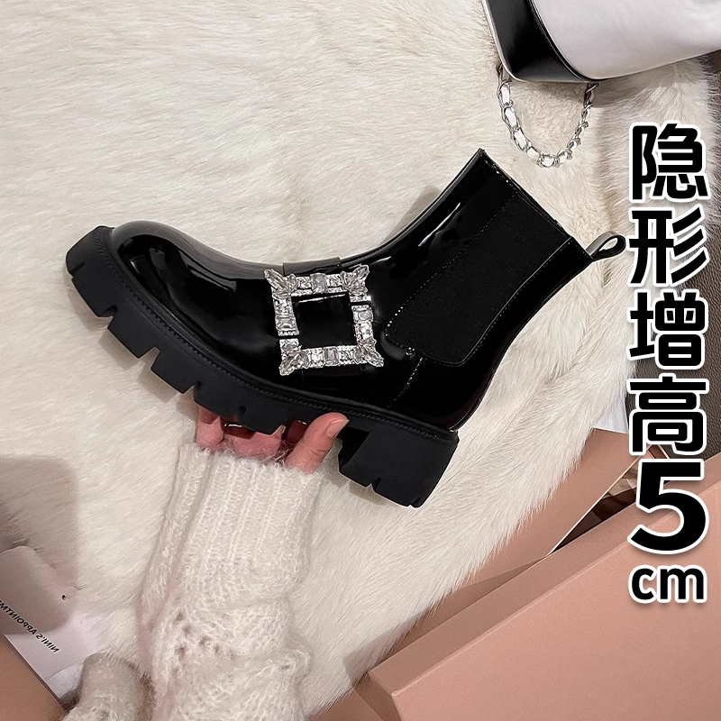 潮牌水钻方扣厚底马丁靴女英伦风秋冬加绒短靴真皮切尔西靴机车靴