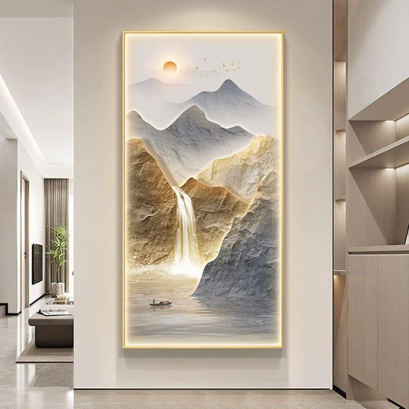 旭日东升玄关装饰画现代轻奢高档走廊过道挂画山水画入户客厅壁画