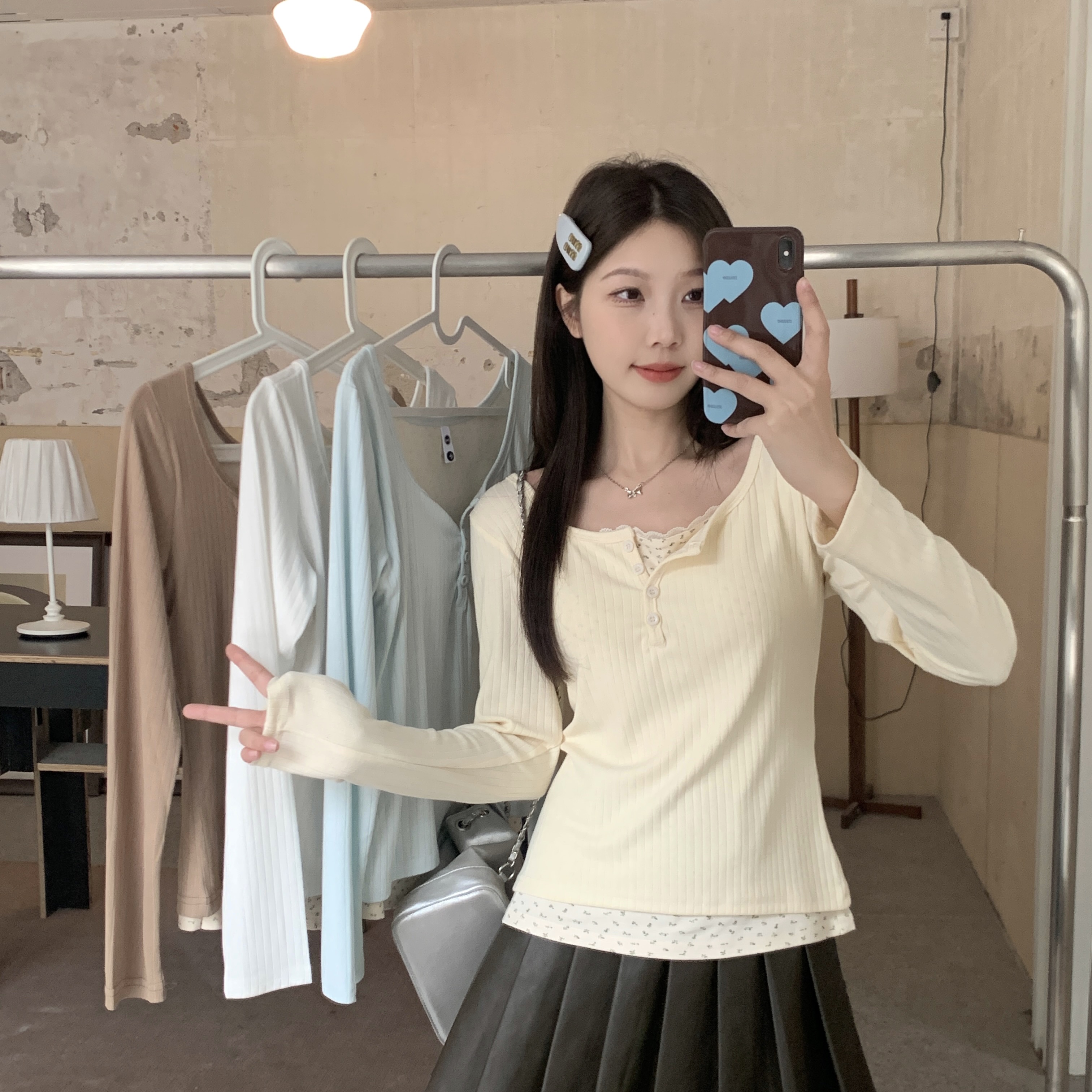 大码胖mm假两件拼接碎花长袖打底衫女春季款设计感独特别致上衣