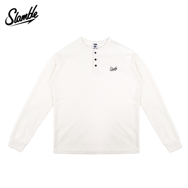 SLAMBLE秋季新款华夫格亨利领休闲运动男女长袖T恤套头上衣美式