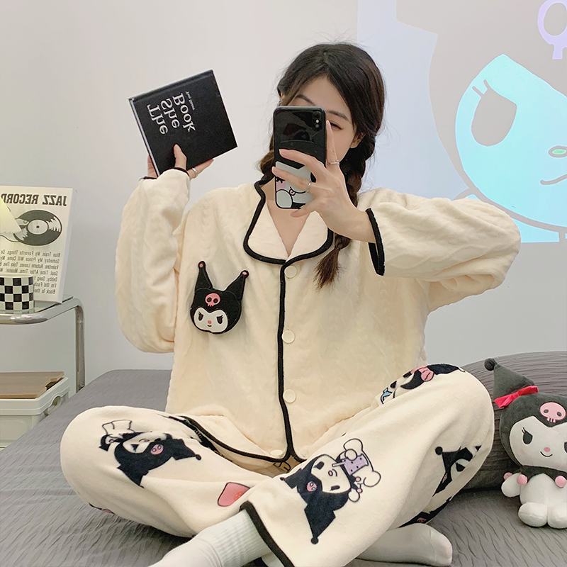 睡衣女冬保暖甜美珊瑚绒加绒可爱库洛米睡衣秋冬法兰绒家居服套装