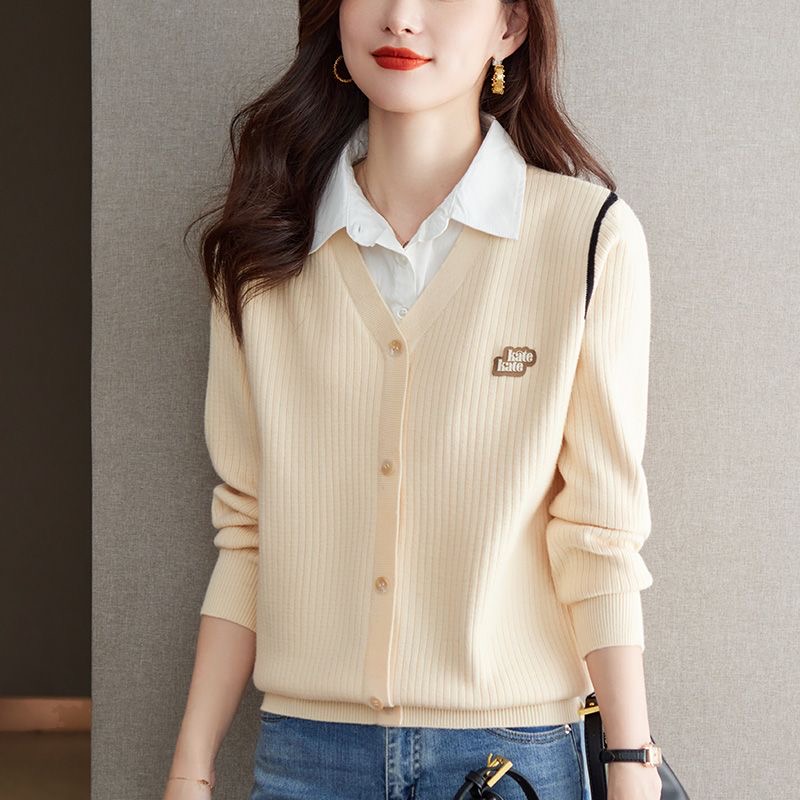 假两件针织衫上衣女2025新款秋冬洋气宽松毛衣长袖假两件上衣女