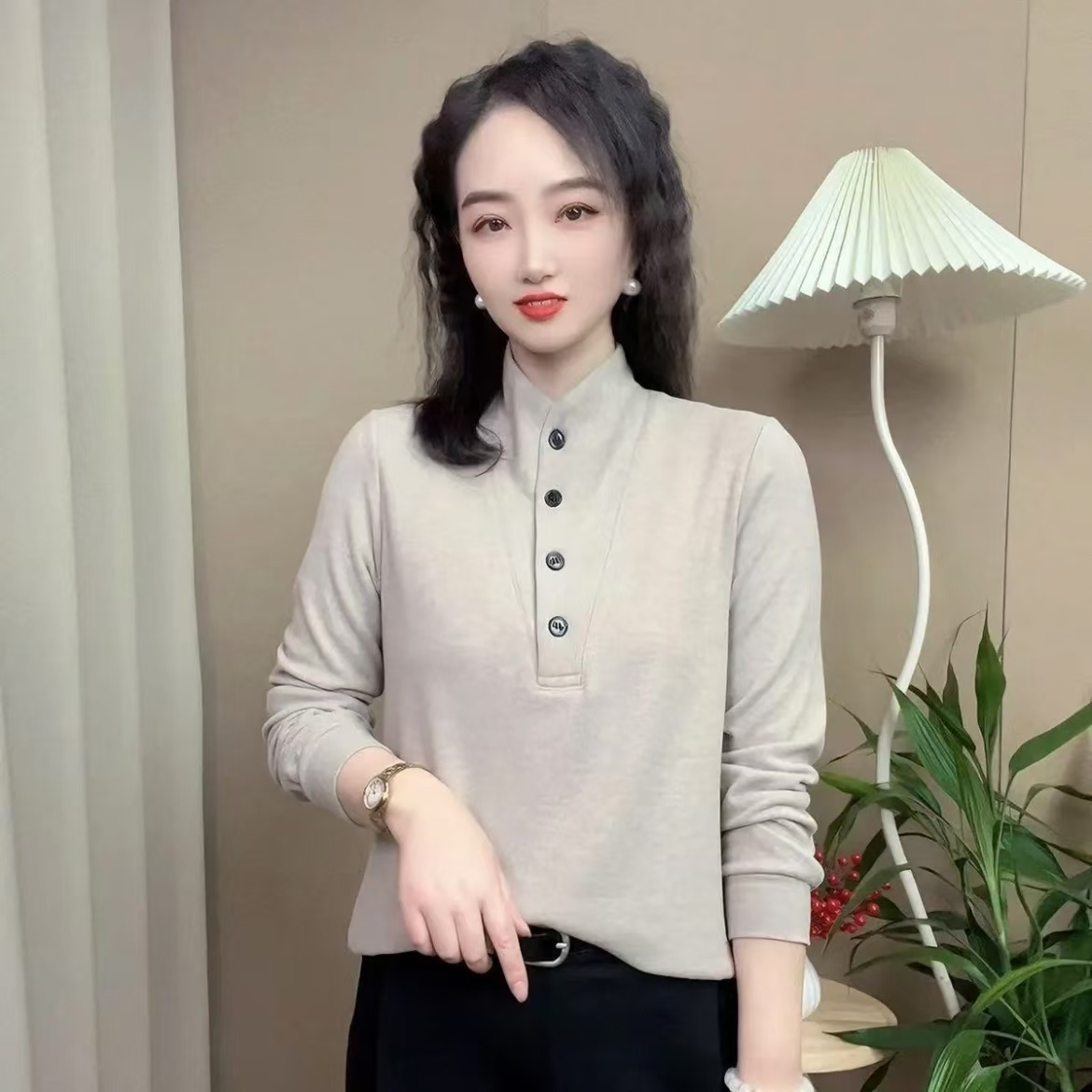 2024新款女士围巾领双面绒百搭上衣长袖打底小衫修身显瘦时尚洋气