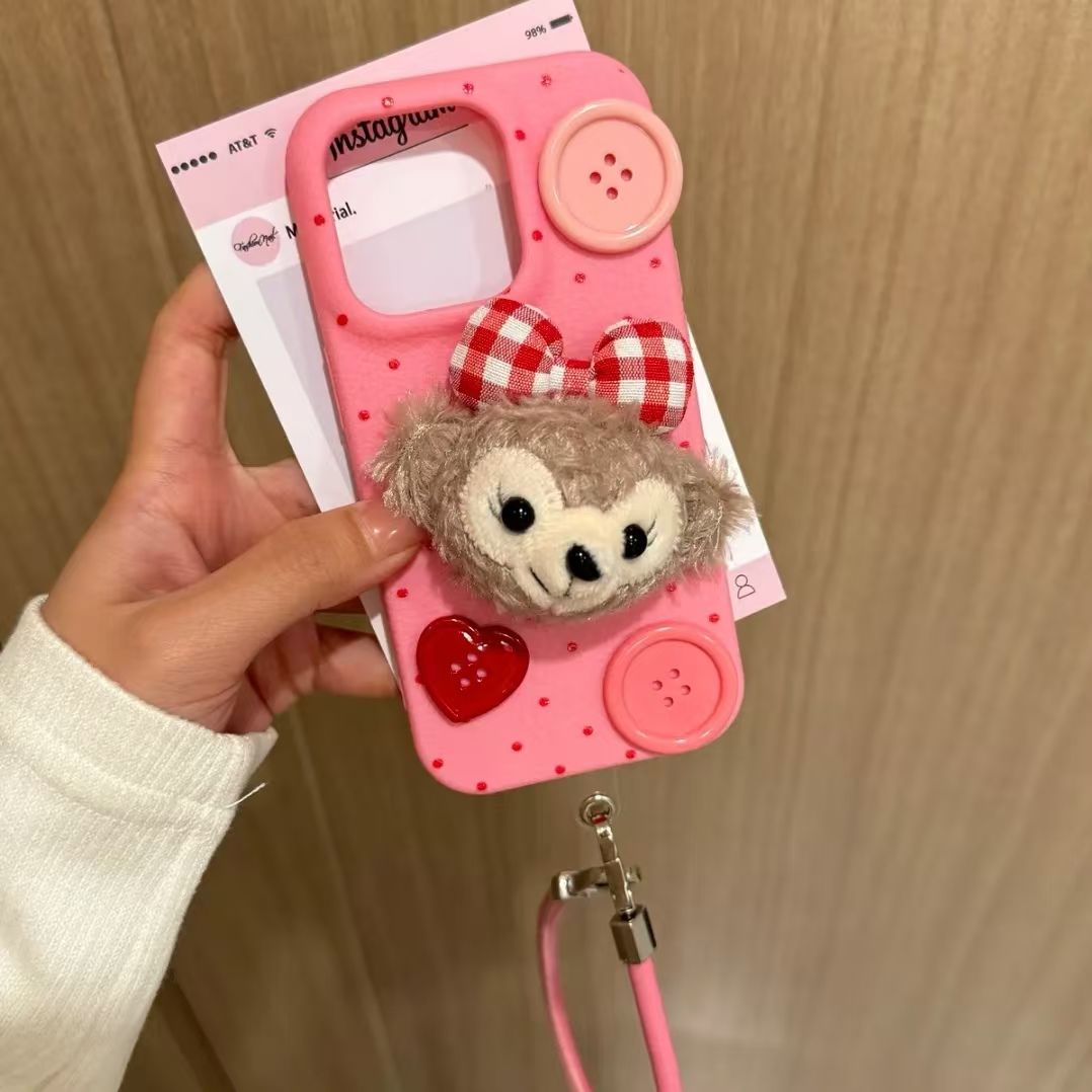 毛绒雪莉公仔皮绳适用16promax苹果13挂绳手机壳iPhone15创意公仔