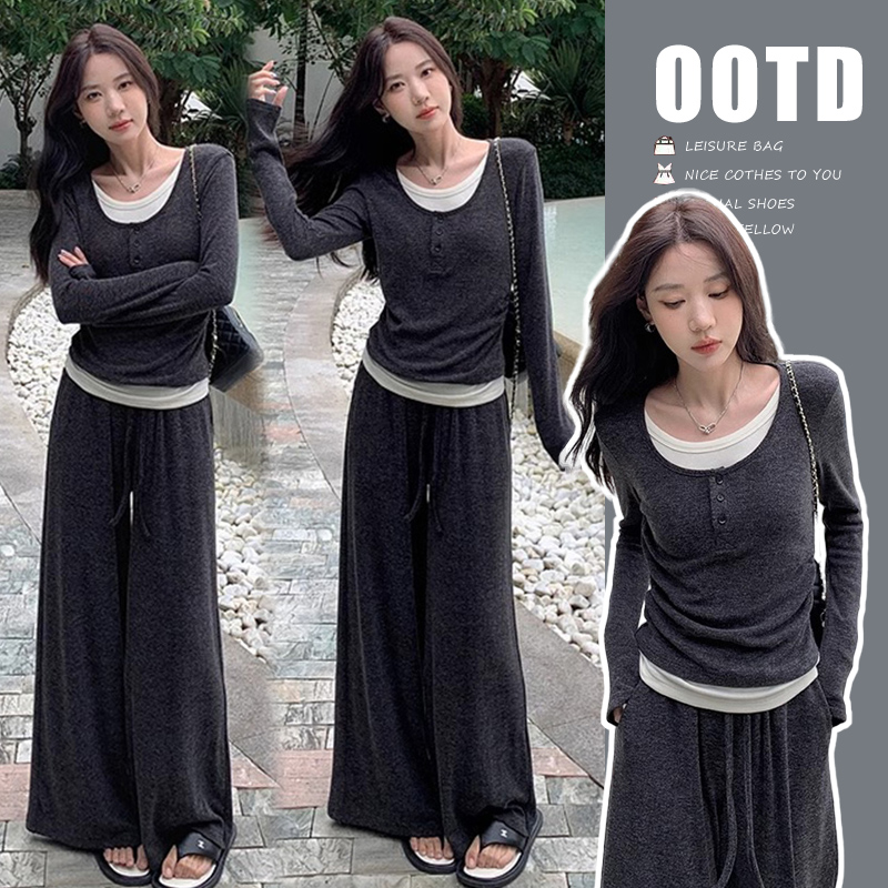 时髦孕妇装秋装新款假两件长袖上衣垂感春秋显瘦运动阔腿裤两件套