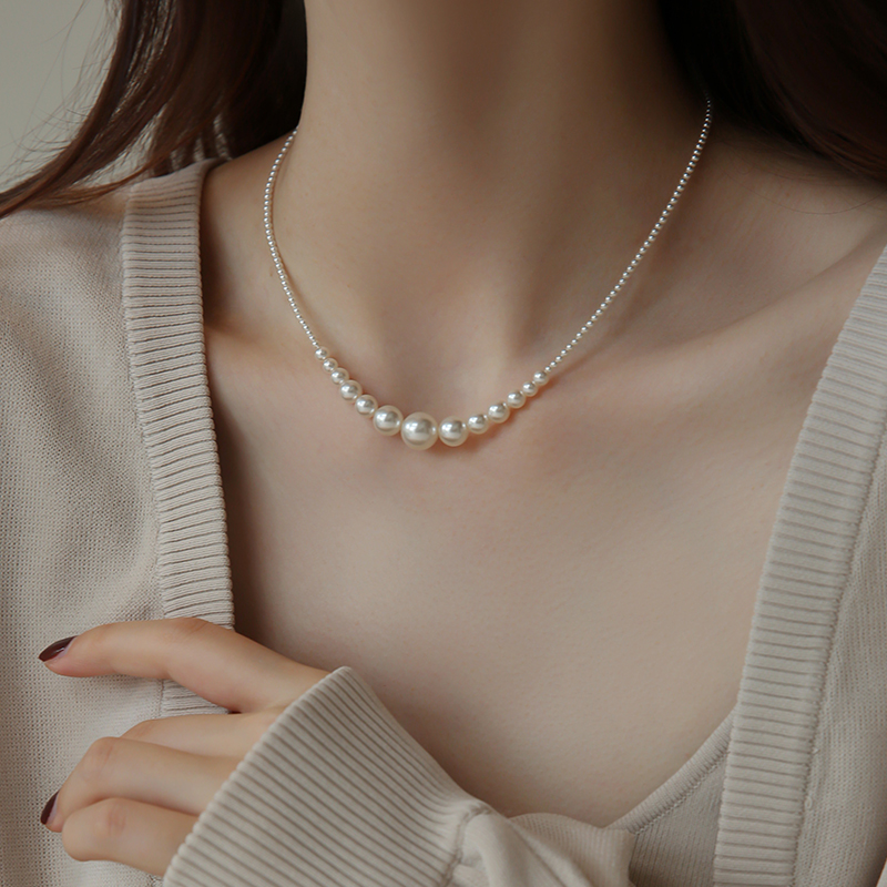 链子925银仿珍珠 施家2mm小米珠法式小众设计项链女高级感锁骨链