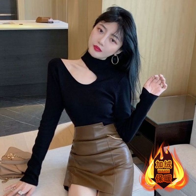 斜肩露锁骨上衣女半高领黑色打底衫修身显瘦长袖镂空T恤内搭秋季