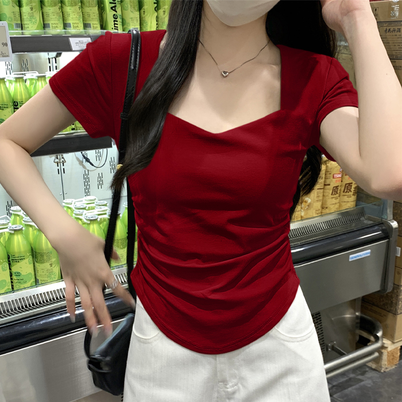 多巴胺法式方领修身短袖t恤女夏季褶皱显瘦不规则辣妹短款上衣ins