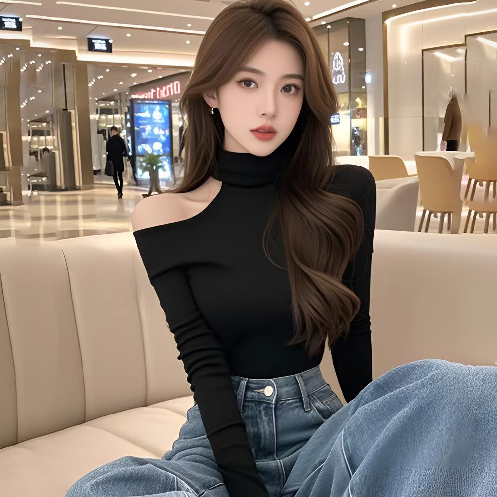 黑色镂空露肩上衣女纯欲风辣妹长袖t恤修身显瘦半高领内搭打底衫