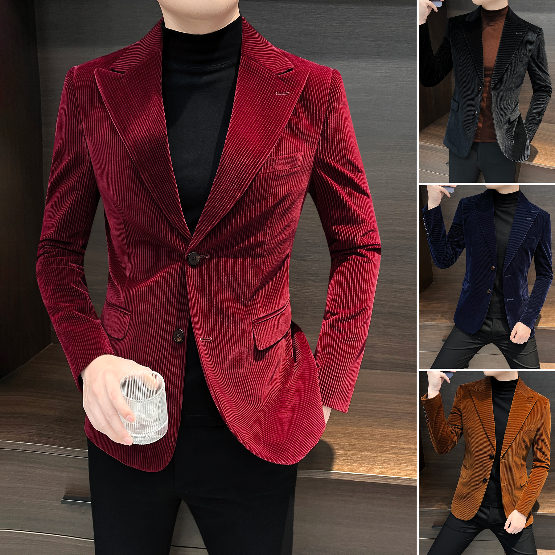 男士灯芯绒西装外套2025流行衣服男款秋冬款男装韩版休闲条纹西服