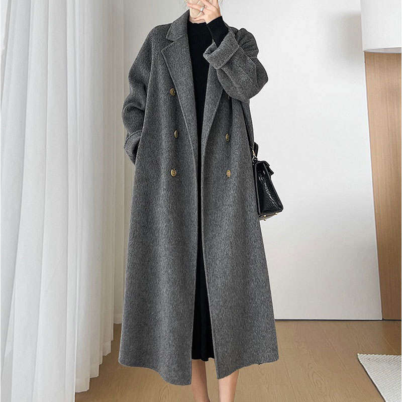 大码女装显瘦加厚长款毛呢外套胖mm赫本风过膝灰色呢子大衣200斤