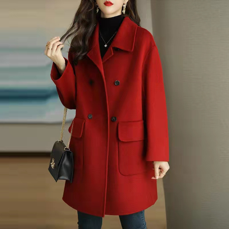 胖妹妹mm200加肥加大码新款宽松显瘦中长款小众红色毛呢大衣女