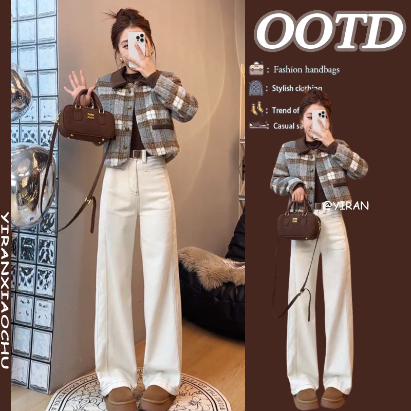 秋装女款爆款2024新款韩版小香风格子毛呢外套百搭牛仔裤两件套潮