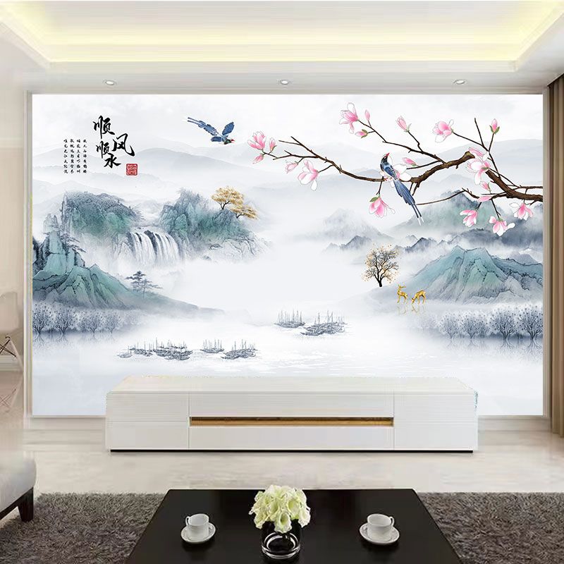 新中式3d立体墙贴自粘水墨画山水风景贴纸壁纸沙发客厅电视墙壁画