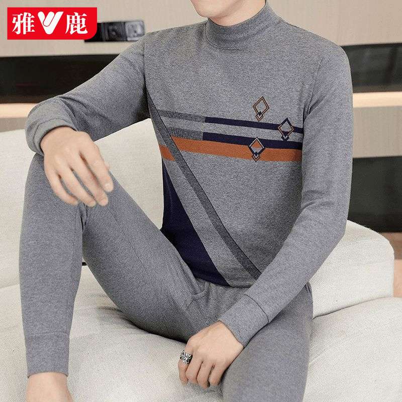 雅鹿男士秋衣秋裤秋冬季青年中高领保暖内衣套装提花棉毛衫打底衫