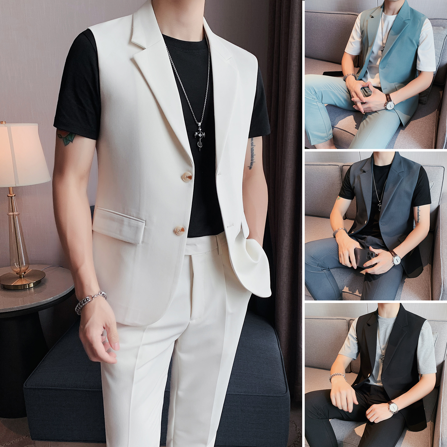 无袖西装马甲套装男款秋冬薄款洋气时髦短袖男士西服九分裤两件套