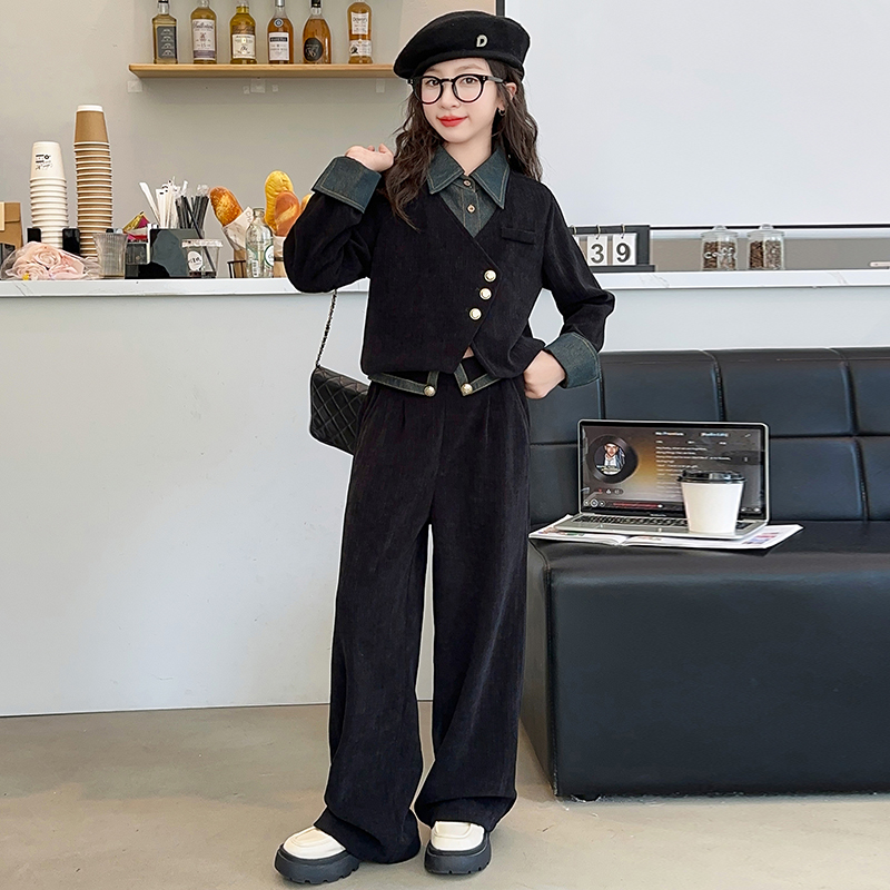 2024春秋新款赫本风显瘦两件套气质设计感假两件上衣阔腿裤套装女