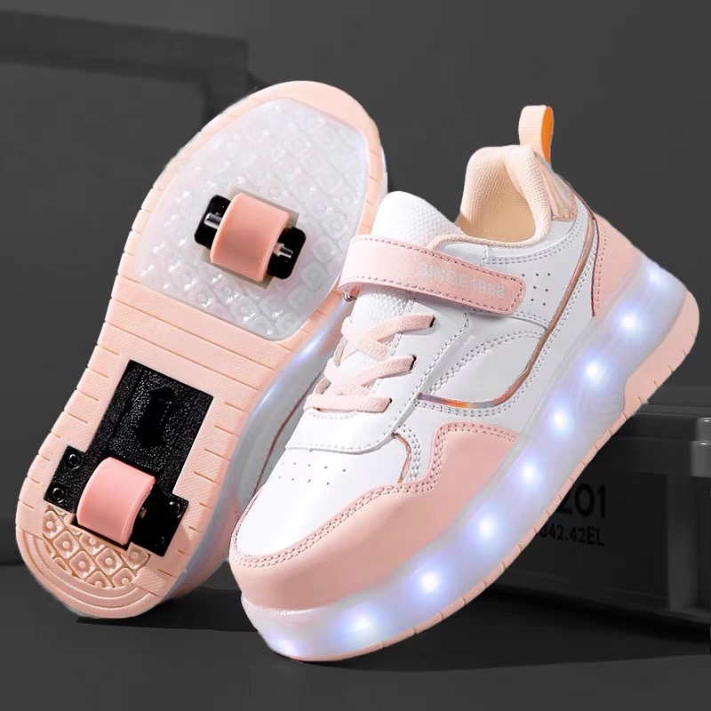 新款双轮专业闪灯女童暴走鞋单轮6-12岁7-12岁鞋子女轮滑鞋可收缩