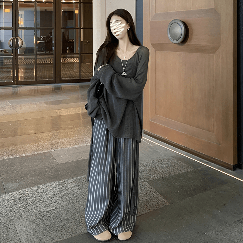 女装秋季新款慵懒风灰色宽松针织毛衣设计感搭配高腰阔腿拖地长裤