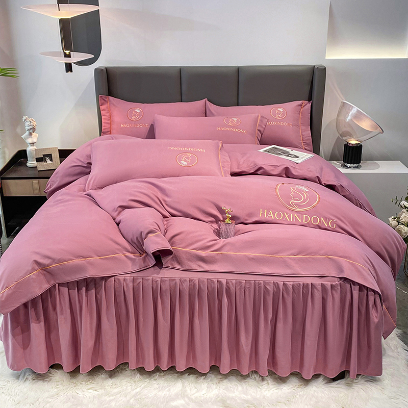 欧式轻奢风韩版纯色水洗棉公主风简约刺绣床裙款四件套-轻奢