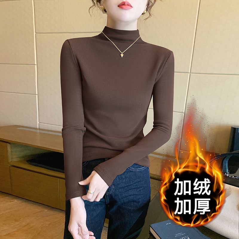 咖色半高领加绒加厚打底衫女春秋冬2024新款内搭双面德绒中领上衣