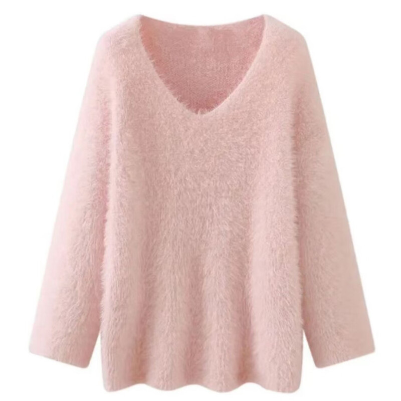 温柔风粉色冬季V领毛衣女秋冬新款加厚软糯宽松慵懒风套头针织衫