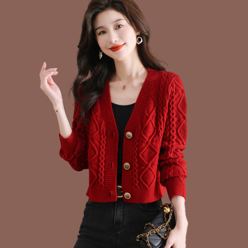 小个子针织开衫女秋冬新款洋气针织上衣配裙外搭短款大红毛衣外套