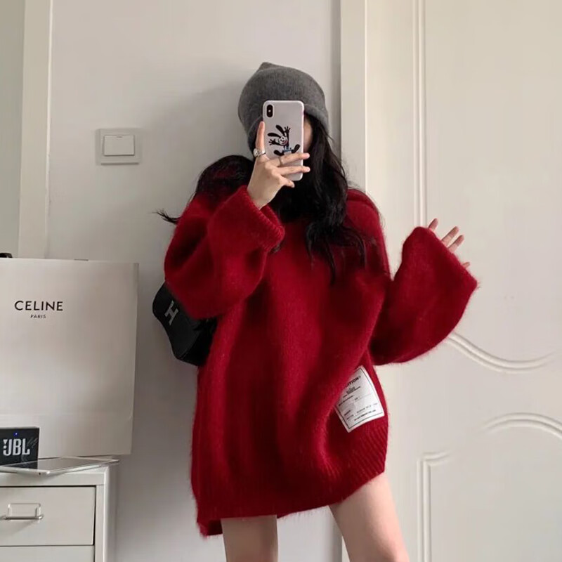 小个子慵懒风红色连帽外穿毛衣外套女2024秋冬季新款针织红上衣