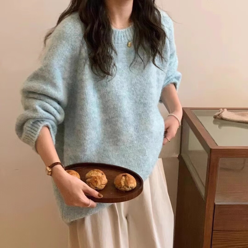 薄荷绿慵懒风厚实毛衣女宽松大码秋冬韩系高级感小众软糯针织上衣