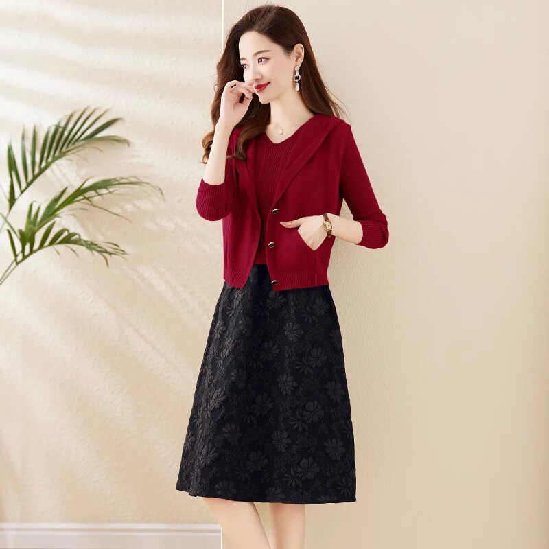 连衣裙女2024春秋新款小个子气质洋气长袖针织马甲搭配裙子套装