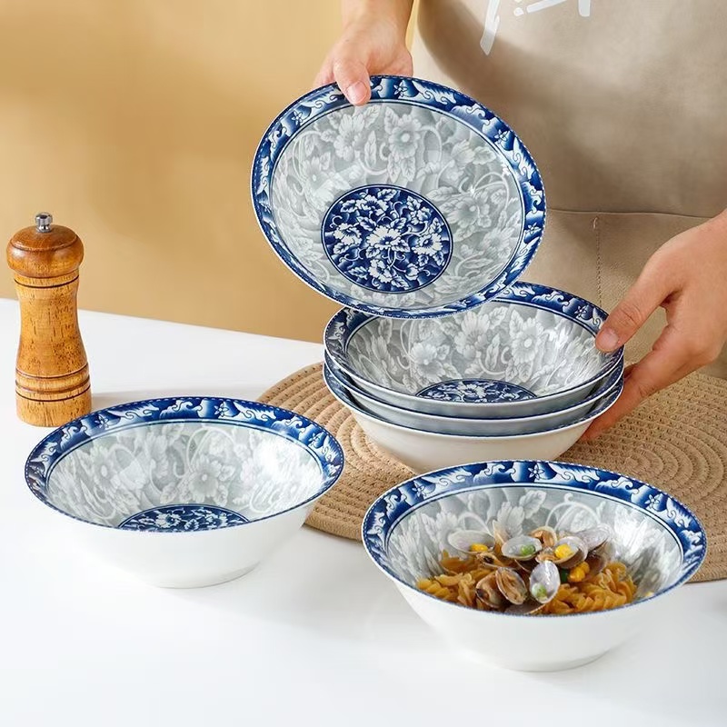 青花瓷7英寸陶瓷斗笠大号碗8个装大碗