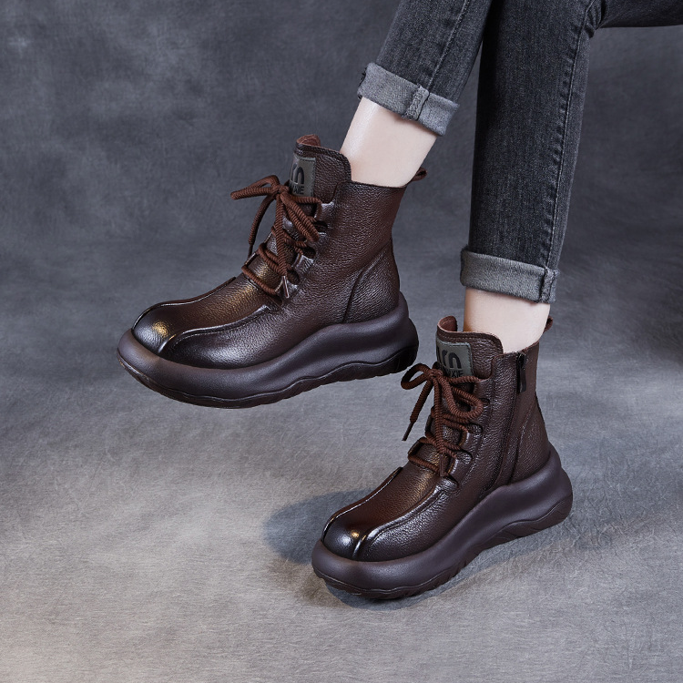 2024秋冬松糕厚底增高复古马丁靴女真皮靴子低帮圆头牛皮手工短靴