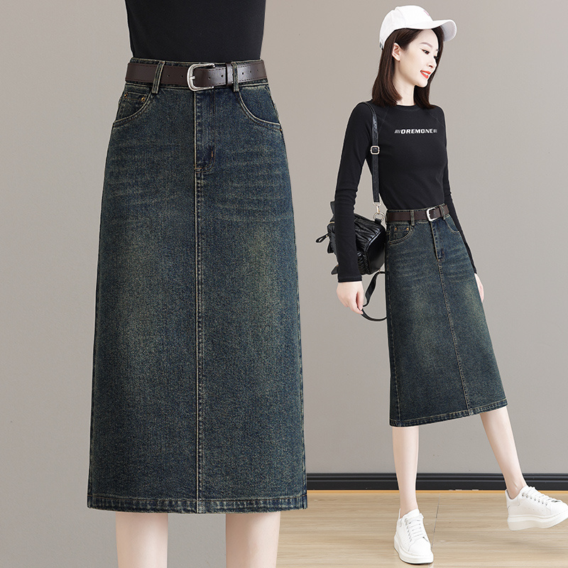 牛仔半身裙秋冬季新中长款过膝修身显瘦遮肉开叉直筒一步包臀裙子