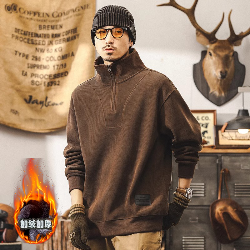 高端360g半拉链灯芯绒卫衣男秋冬季加绒宽松大码重磅男士立领上衣