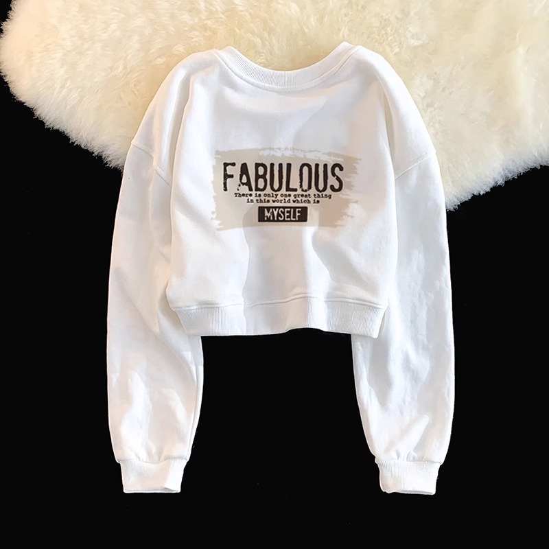 白色棉短款卫衣女2025新款秋季小个子宽松春秋薄款高腰短上衣秋