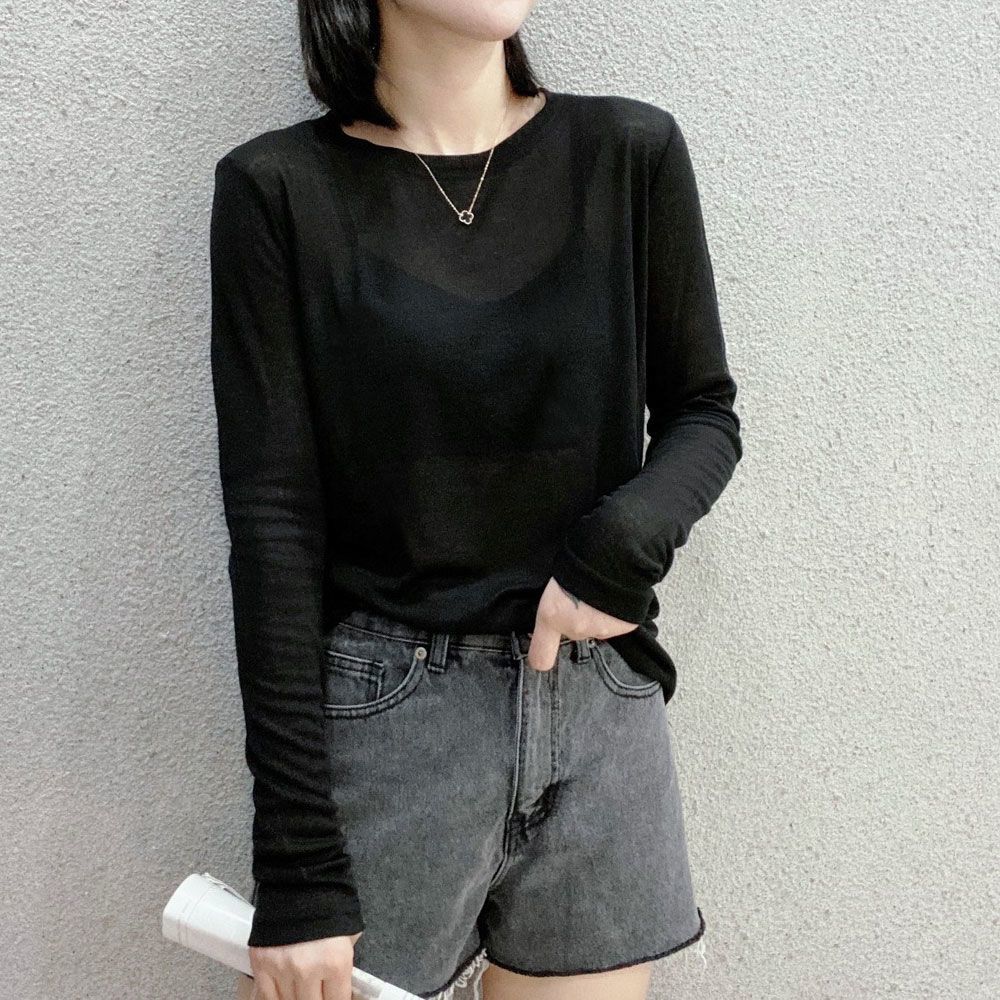 欧洲站2025年春秋新款面膜T恤长袖女黑色打底衫修身显瘦上衣