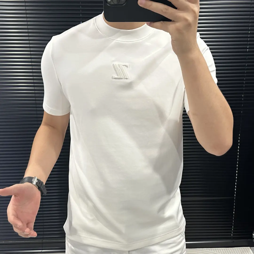 2025秋冬新款纯色净版牙刷绣打底短袖T恤休闲时尚百搭圆领厚半袖