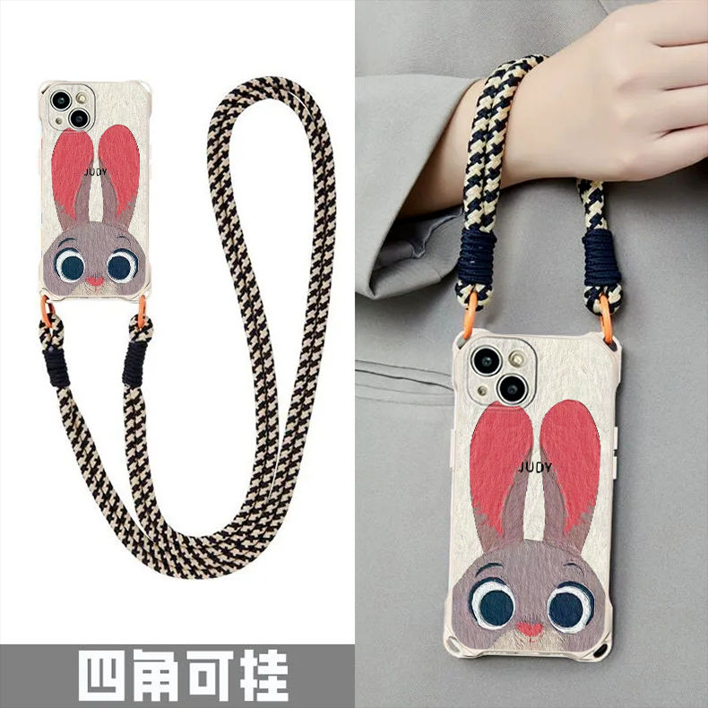 长耳朵兔适用苹果16promax手机壳iPhone17/15/14新款四角挂绳情侣