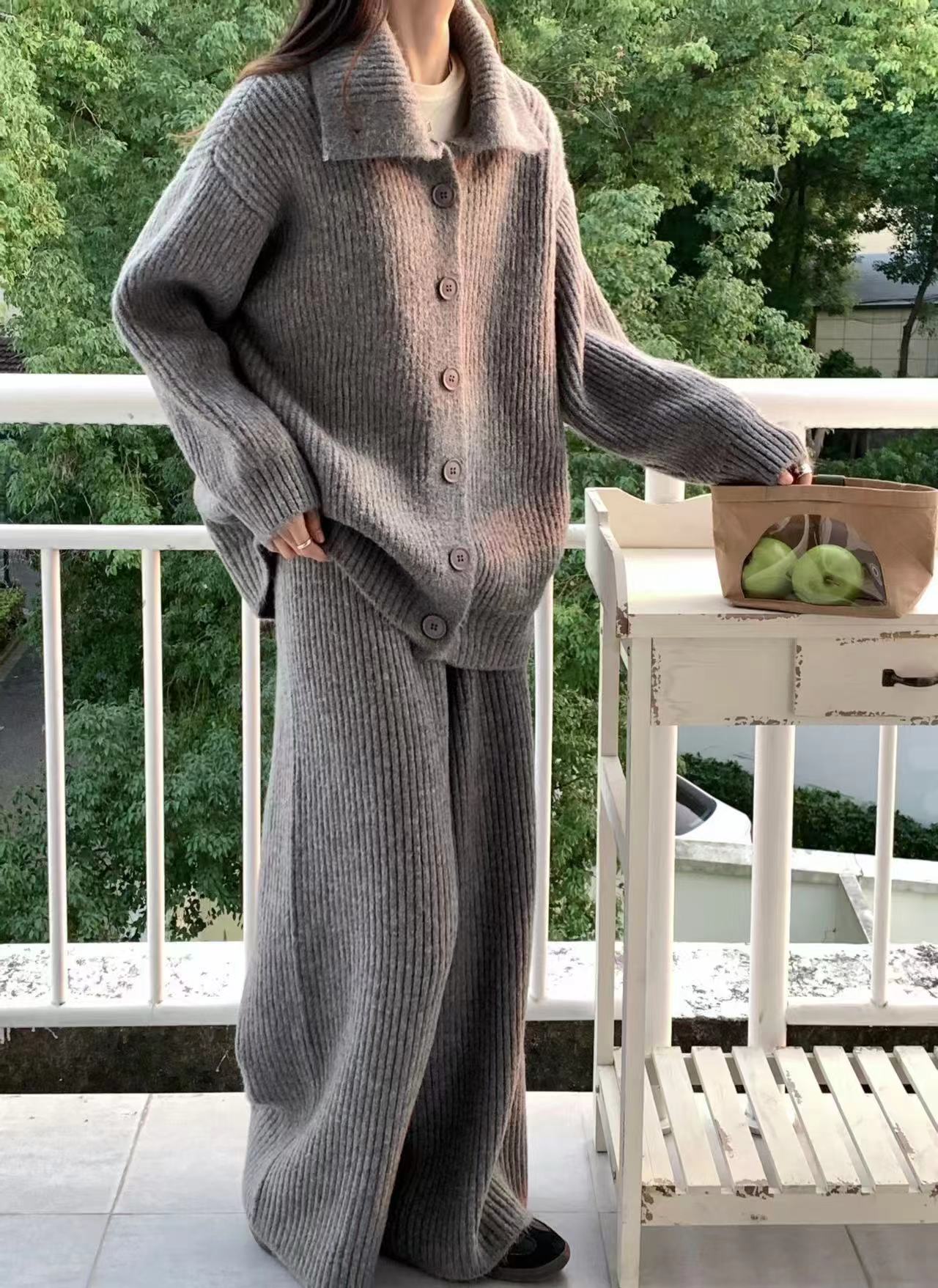 加厚粗线针织毛衣套装立领扣子坑条上衣+阔腿裤秋冬新款气质慵懒